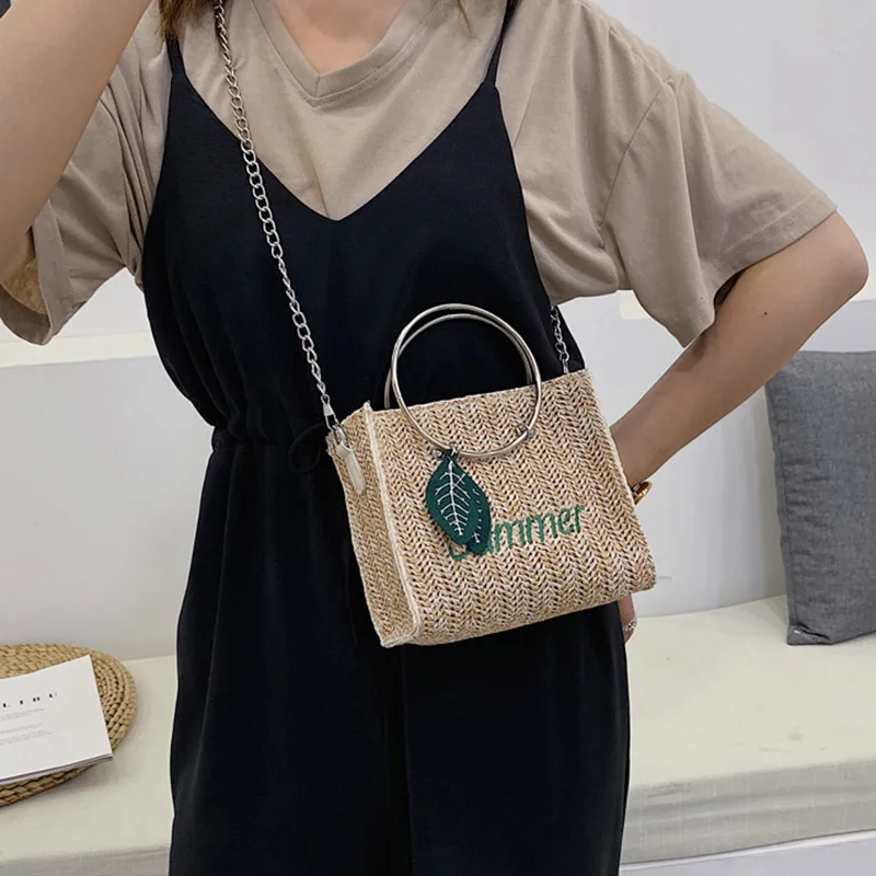 

Women Crossbody Bag Straw Woven Embroidery Vintage Chain Messenger Bag New