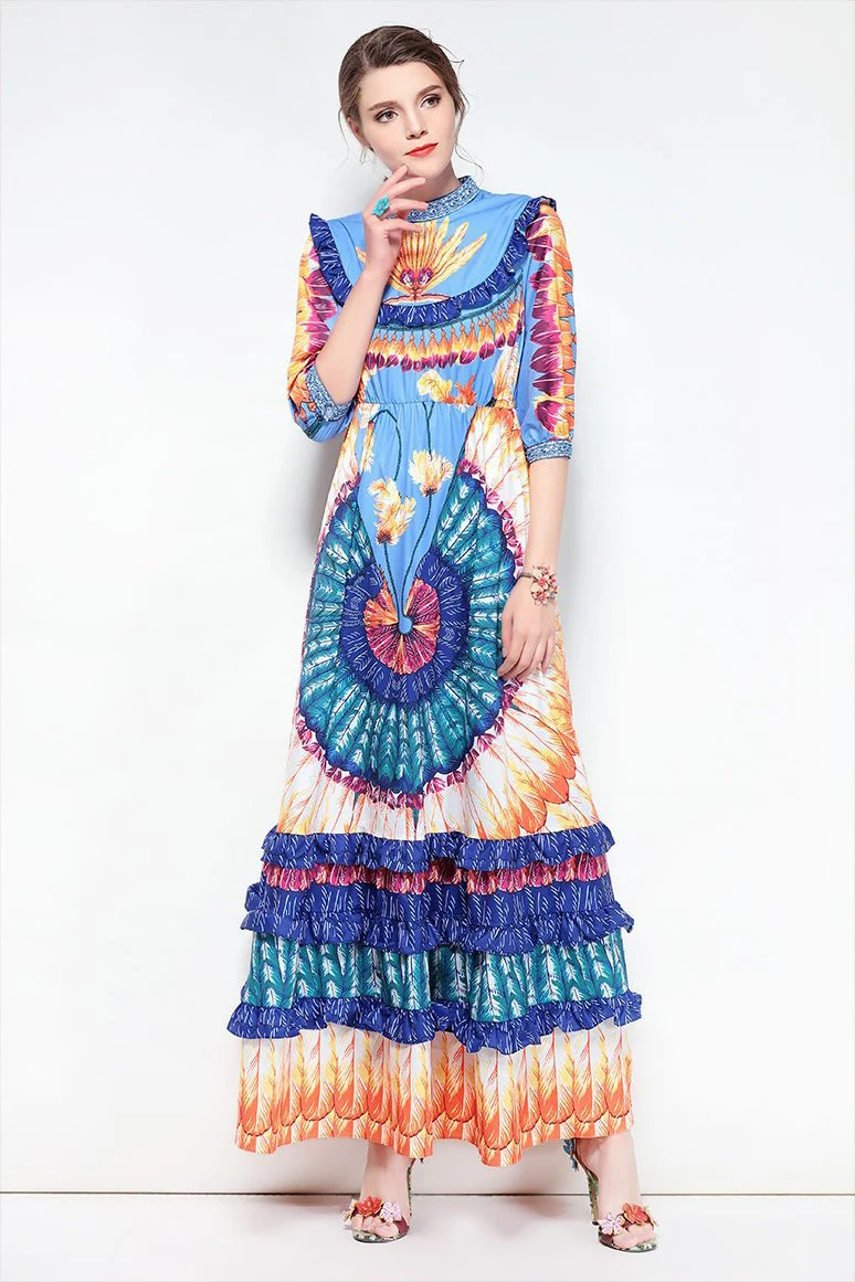 2018 Summer Runway Dresses Short Sleeves Beads Diamonds Print O-collar Ankle-Length Women's Dress Vestidos De Festa D1410 | Женская