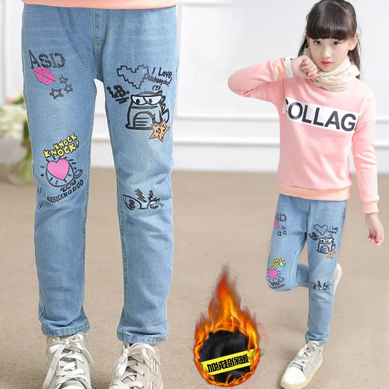 

2019 new winter Korean girls jeans embroidery trousers girl Plus velvet warm Jeans Pants 3-10 year