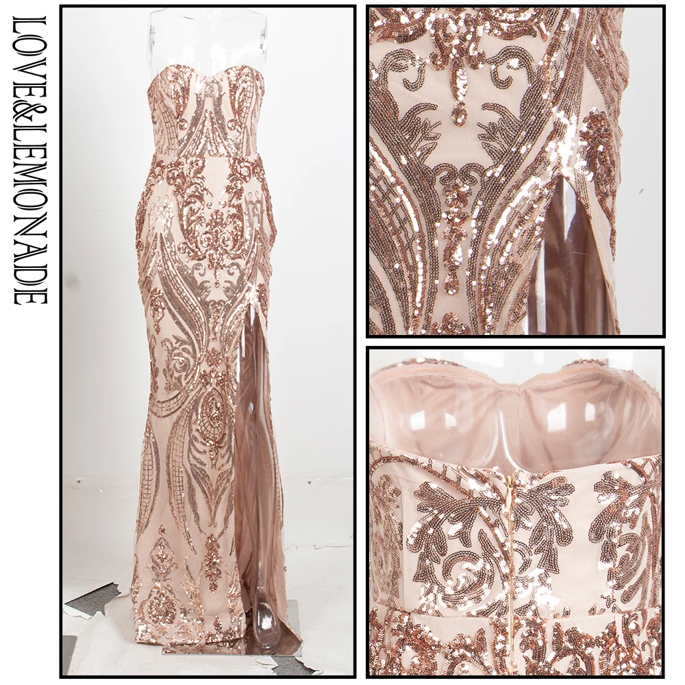 

LOVE&LEMONADE Sexy Strapless Cut Out Geometric Pattern Sequins Bodycon Maxi Dress LM81342-2 ROSEGOLD