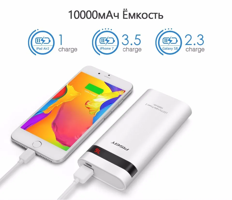 Pisen Повер Банк Портативный 10000 мАч Поуэр Банк Универсальный Внешняя Батарея Резервного Копирования Зарядное Устройство Смарт-2A USB Зарядное Устройство для Телефонов и Планшетов
