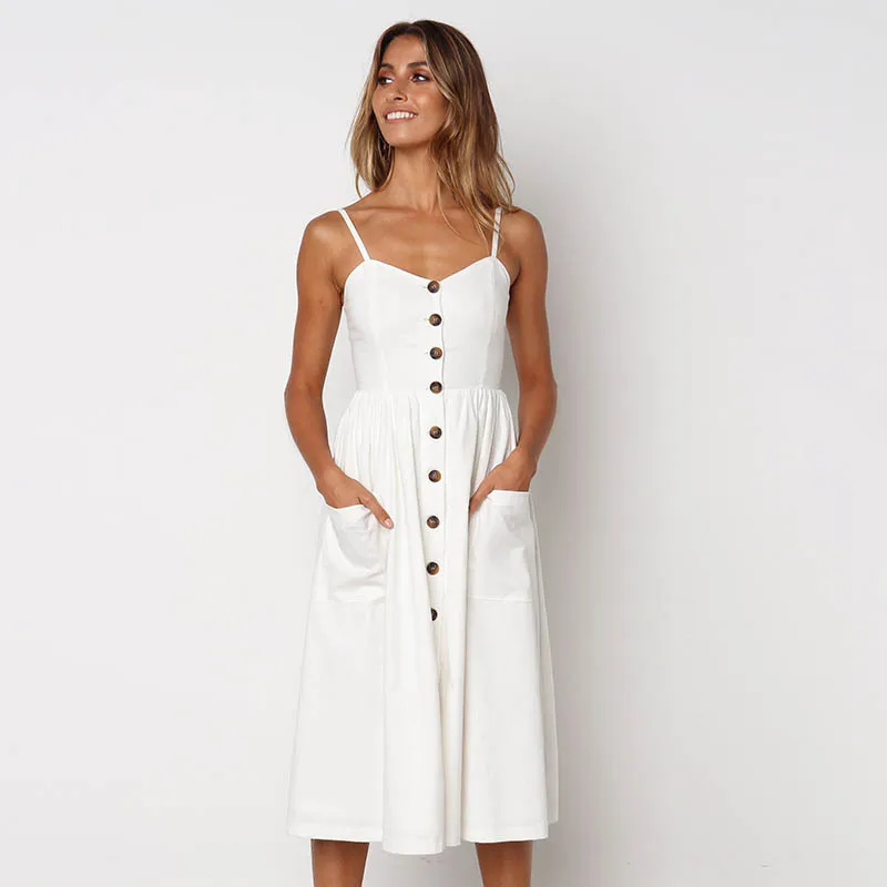 

Ladies White Patched Button Up Cami Dress Women Spaghetti Strap Sleeveless Plain Dress 2018 Summer Beach Pocket Boho Dress