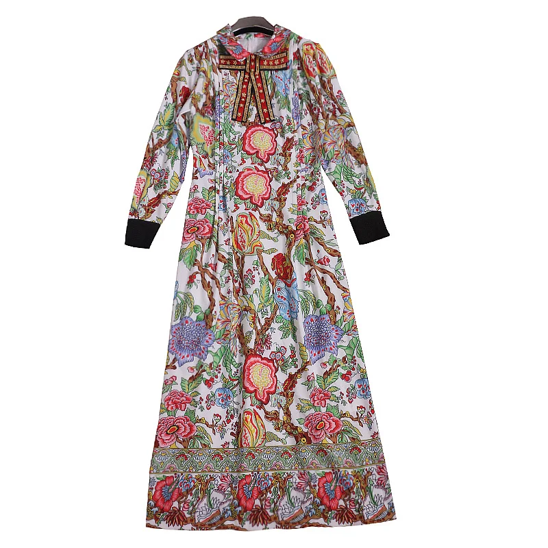 New Arrival 2017 Woman Autumn Dress Beautiful Colors Print Straight Square Collar Clothes Full Sleeve Cotton Mid Calf |