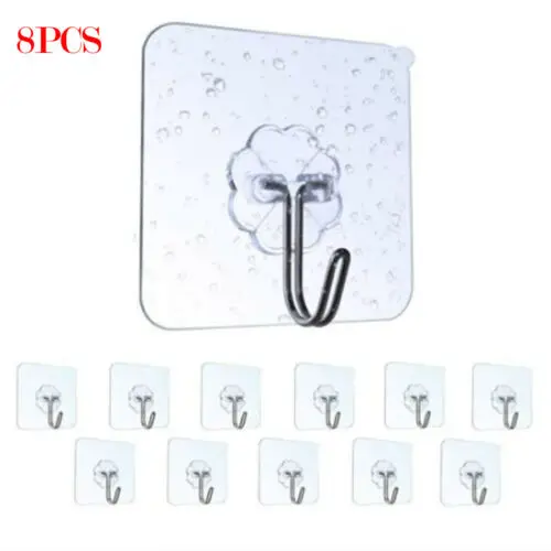 

8pcs Self-Adhesive Bathroom Stainless Steel Sticky Hooks Kitchen Wall Hanger New
