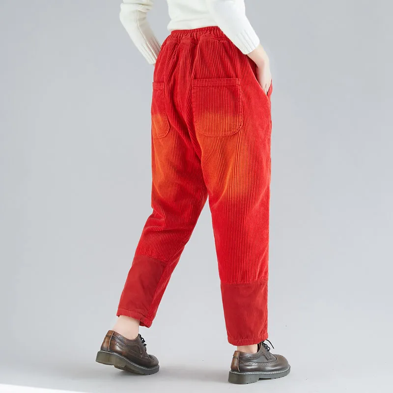 

Women Fashion Red Loose Corduroy Pants Female Suspenders Thickening Literary Drawstring Casual Trousers