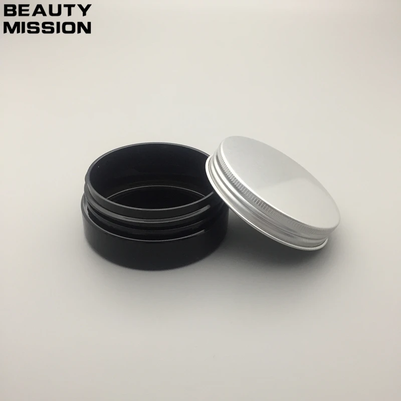 BEAUTY MISSION 50 pcs 50g  Black PET Cream Jar With Aluminum Cap,Empty Cosmetic Sample Containers Travel Small Sample Container