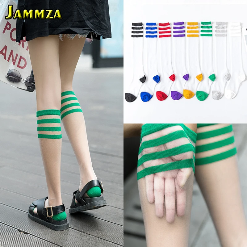 

New Summer Women Silk Stockings Ultra-thin Transparent Three Bars Hiphop Streetwear Korea Fashion Knee Long Stockings Striped