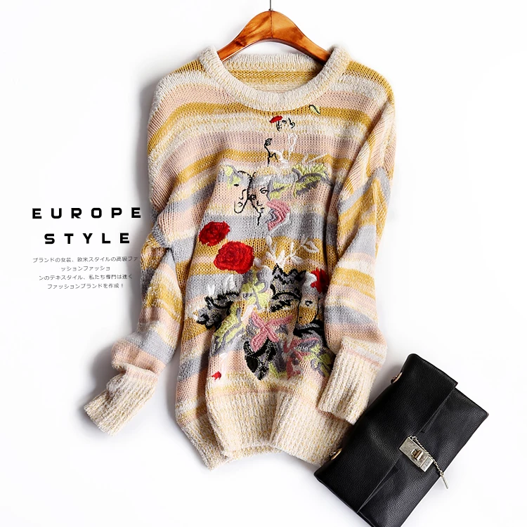 New Woolen Autumn Winter Stripped Sweaters Knitwear Women Luxury Vintage Floral Embroidery Sweater Ladies Knit Tops NS543 | Женская
