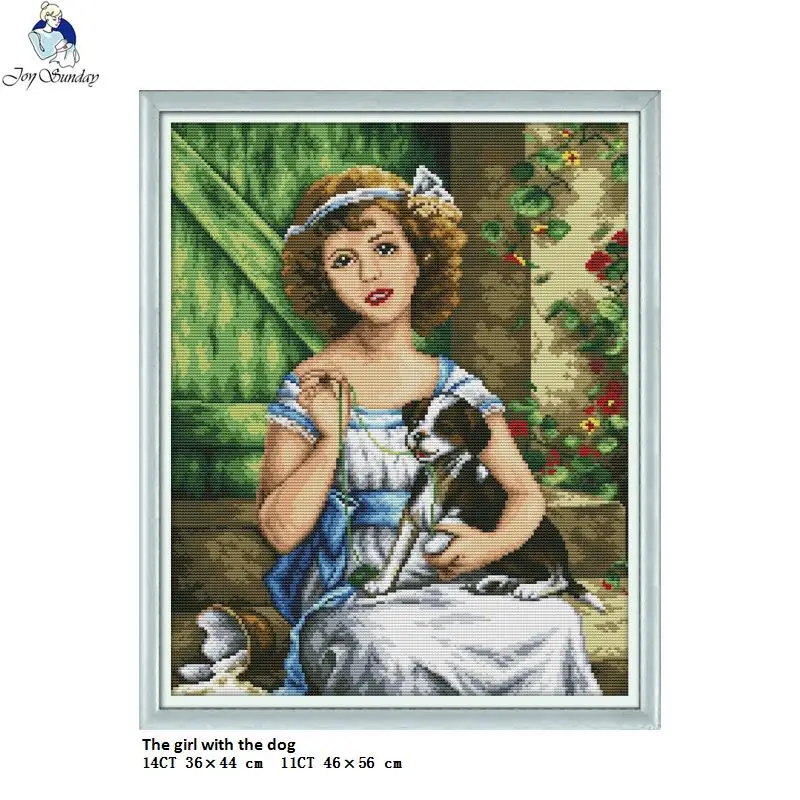 Вышивка крестом Joy Sunday девушка с собачкой Счетный крест печать на холсте DMC 14CT 11CT