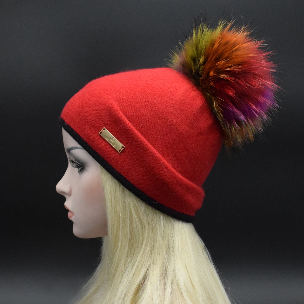2017 Winter Luxury top 22cm Colorful raccoon fur pompoms Women Beanie hat Double knitting wool Metal Logo lady caps | Аксессуары для