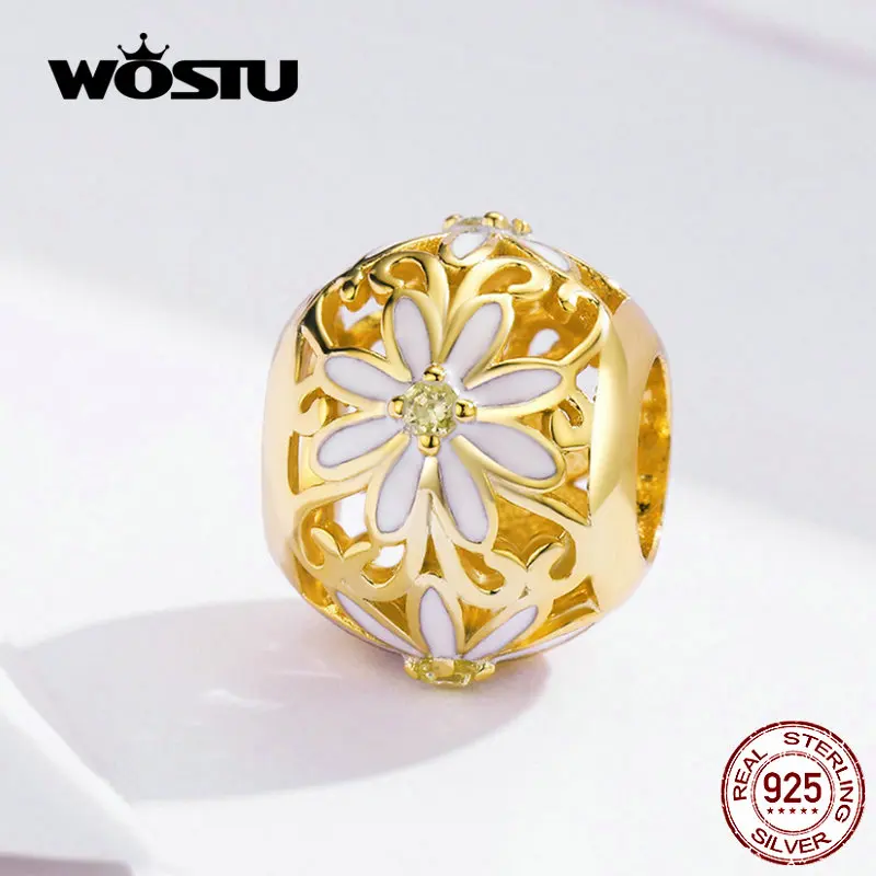 WOSTU цветок ромашки бусины 925 пробы серебро CZ Золото Цвет Шарм Подходит браслет кулон бусины для изготовления ювелирных изделий CQC1216