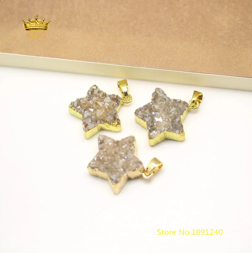 10 шт. Sparkly шампанское Титан Druzy звезда Подвеска для Цепочки и ожерелья, покрытием золото поручительств сырья Drusy Кварц ремесло серьги GH265
