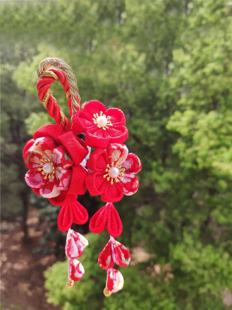 Японский стиль tsuami Kanzashi Розовый Красный Цветок сакуры заколка для волос кимоно гейши ручной работы головной убор HW001