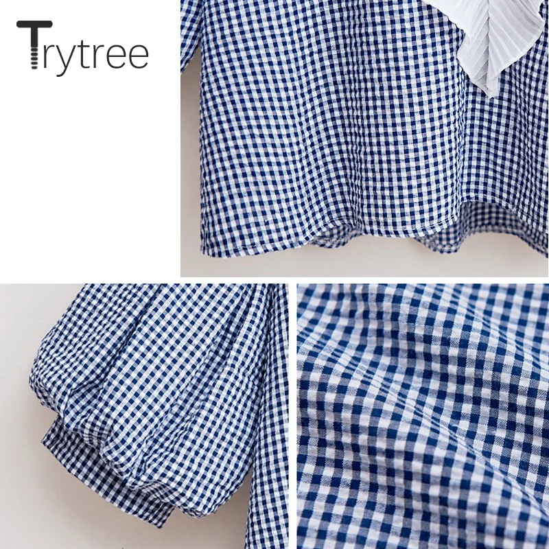Trytree лето осень женская блузка повседневная клетчатая рубашка с рукавом три