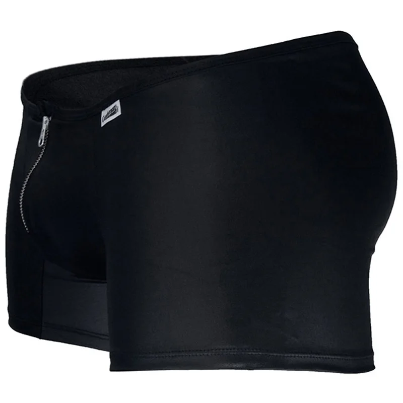 Mens Underwear Boxers Black Vinyl Leather Zip Front Boxer Homme Bokserki Gifts for Men Sissy Underwear Boxershorts Men