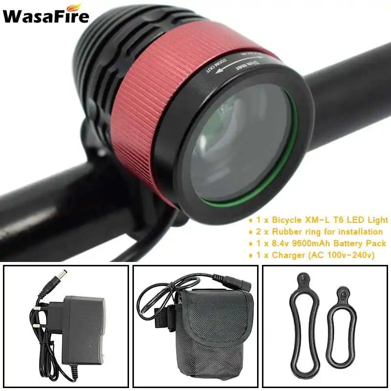 WasaFire 2000lm 1* T6 светодиодный Фокусировочный велосипедный светильник, головной светильник, велосипедный светильник, передний 8,4 в 18650, перезаряжаемый аккумулятор, велосипедный подарок - Цвет: Light 9600mAh