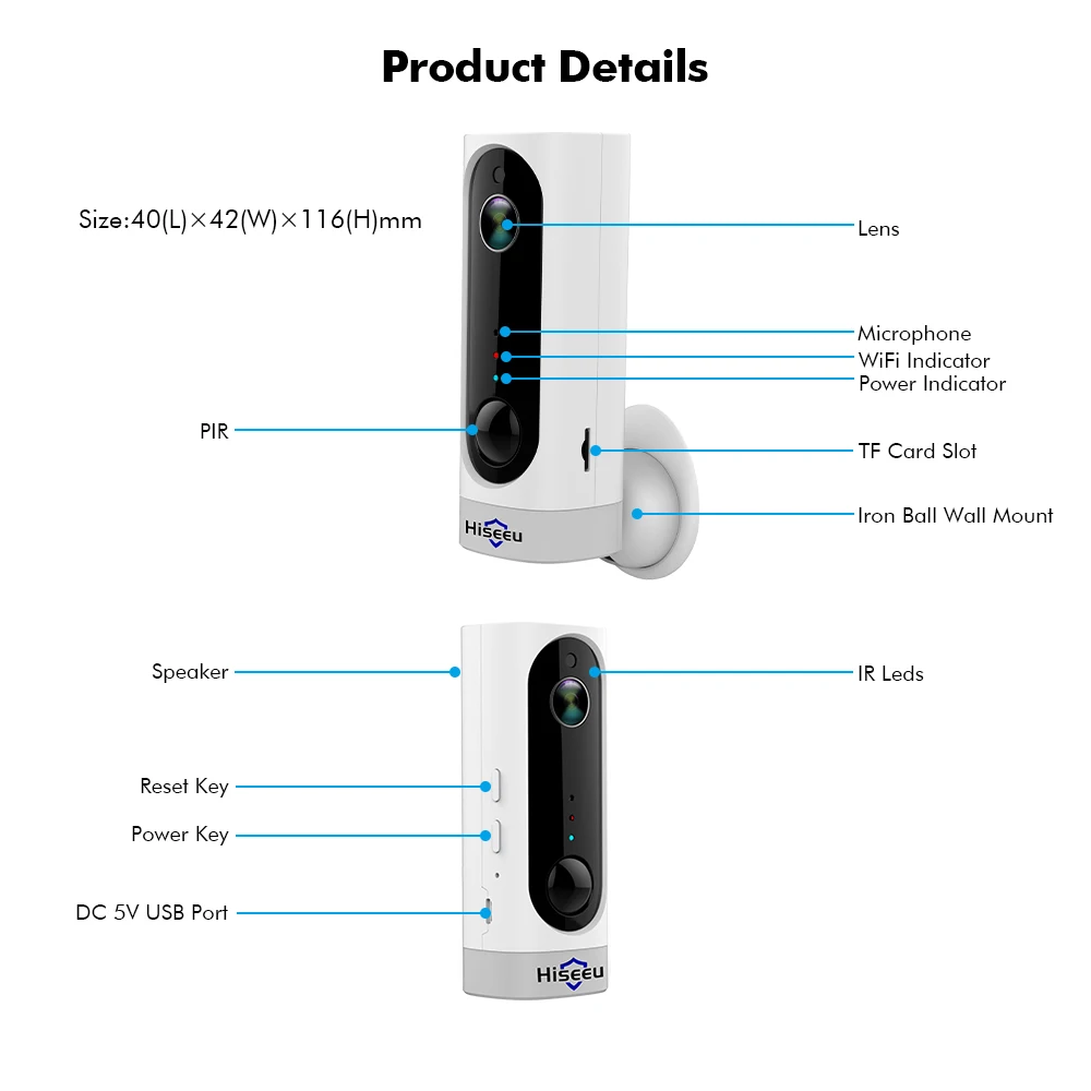Hiseeu A10 аккумуляторная батарея IP камера Wifi PIR Сигнализация Движения домашняя