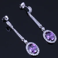 divine purple cubic zirconia white cz silver plated drop dangle earrings v0694