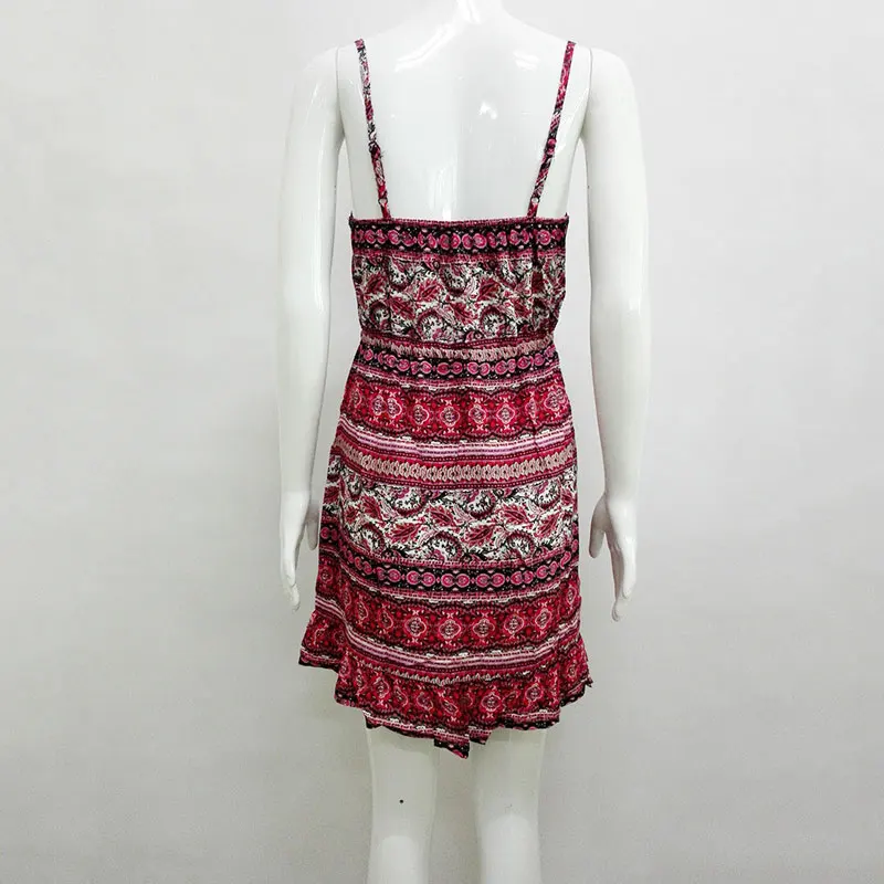 Boho Летнее мини платье комбинация с цветочным принтом на бретельках бретельками