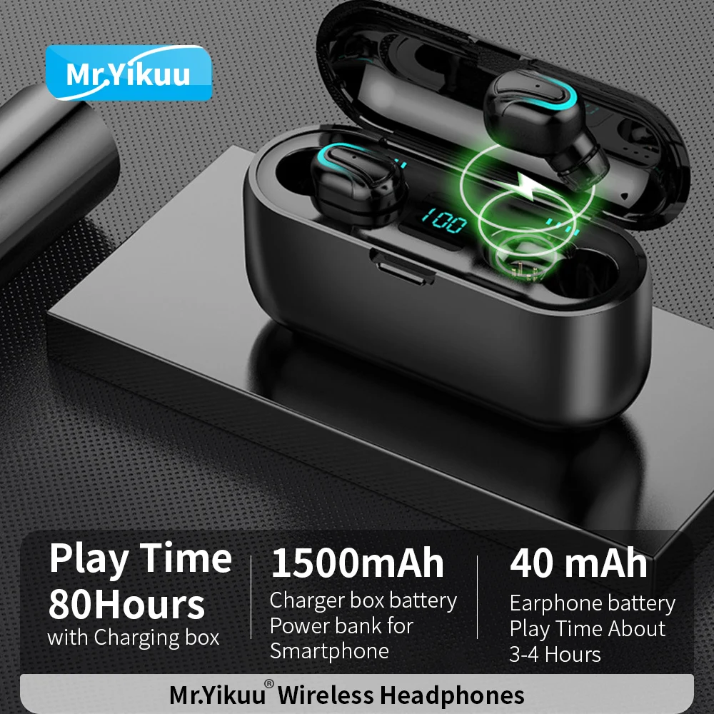 Mr. Yikuu Беспроводные стереонаушники мини в ухо Bluetooth 5,0 наушники с светодиодный цифровой дисплей зарядная коробка для iPhone 7 8 X Xs