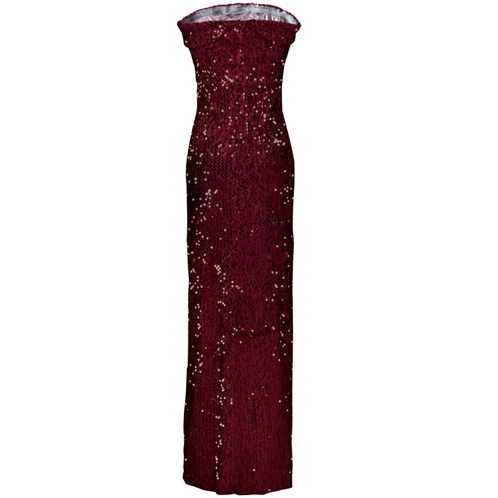 

Sexy Style Shining Sequined Strapless Split Lap Club Party Slim Dress Sleeveless Solid Color Clothing Red FS0768