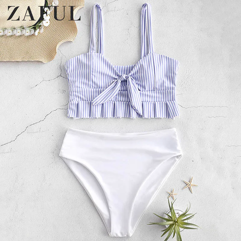 ZAFUL с высоким вырезом два тона завязанные бикини комплект ванный комплект танкини пуш-ап купальники Maillot De Bain Купальник для девочек бразильский Biquni