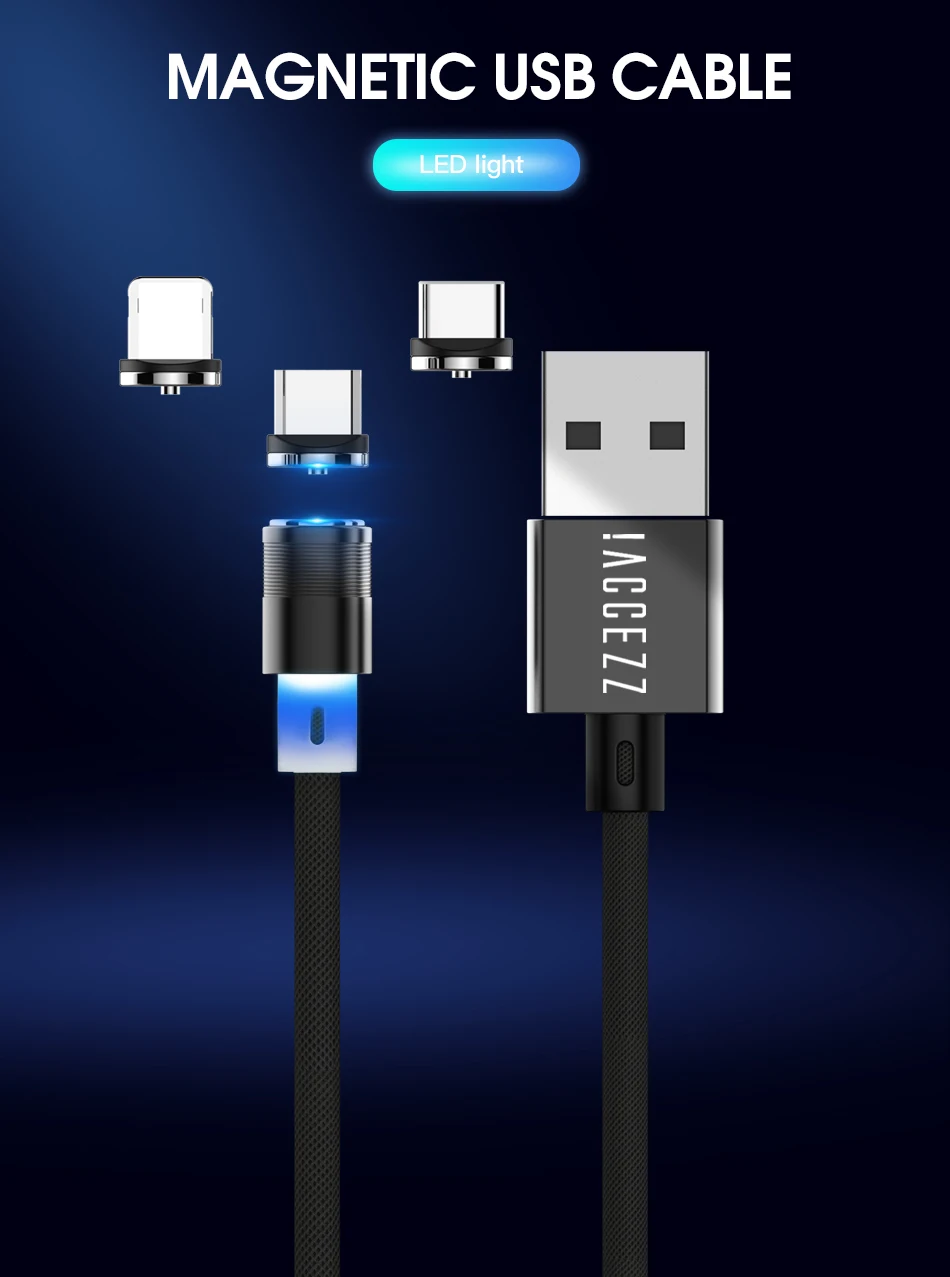 Магнитный кабель ACCEZZ для Apple iPhone X XS MAX XR Micro usb type C для samsung S10 S9, быстрая зарядка, магнитное зарядное устройство для сотового телефона