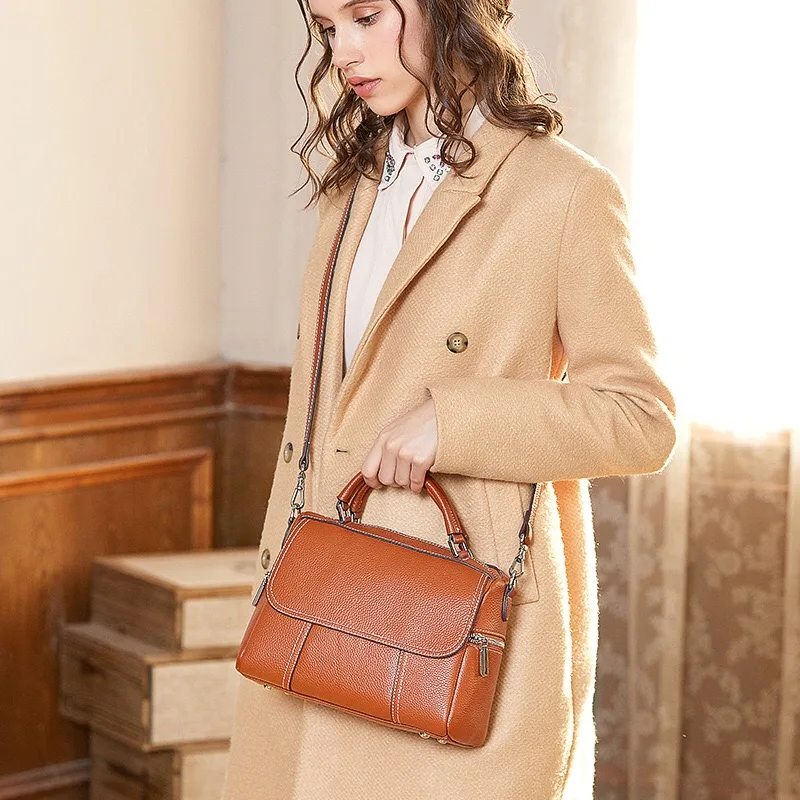 Stylish Genuine Leather Zipper Closure Female Boston Purse Soft Cowskin Lady Flap Pocket Handbag Shoulder Messenger Bag | Багаж и сумки