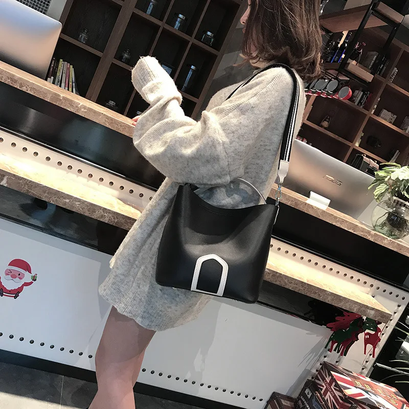 

YBYT women leather handbags patchwork composite bags wide shoulder strap female bucket bag fashion ladies shoulder crossbody bag