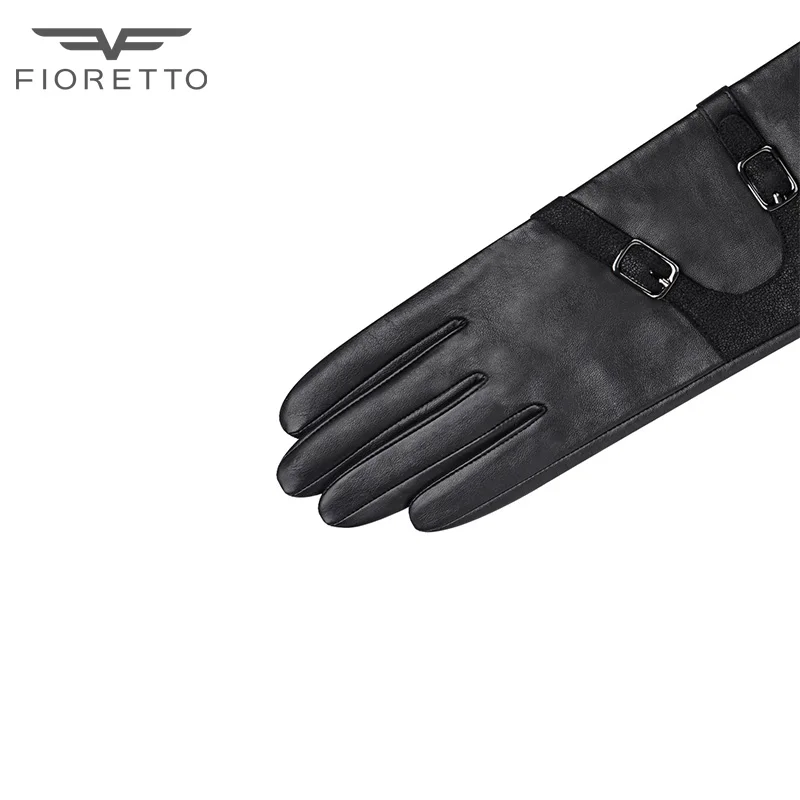 FIORETTO, женские длинные перчатки из натуральной кожи, модные накладки из натуральной кожи, женские локоть, перчатки для вождения, черные зимние перчатки с ремешком