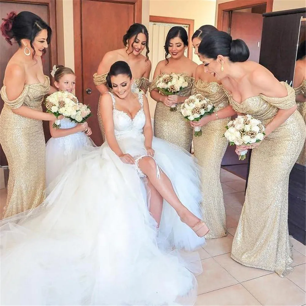 

Sparkly Sequin Mermaid Wedding Guest Dress 2019 Short Sleeve Boat Neck Mermaid Long Bridesmaid Dresses Custom Made Party Gowns