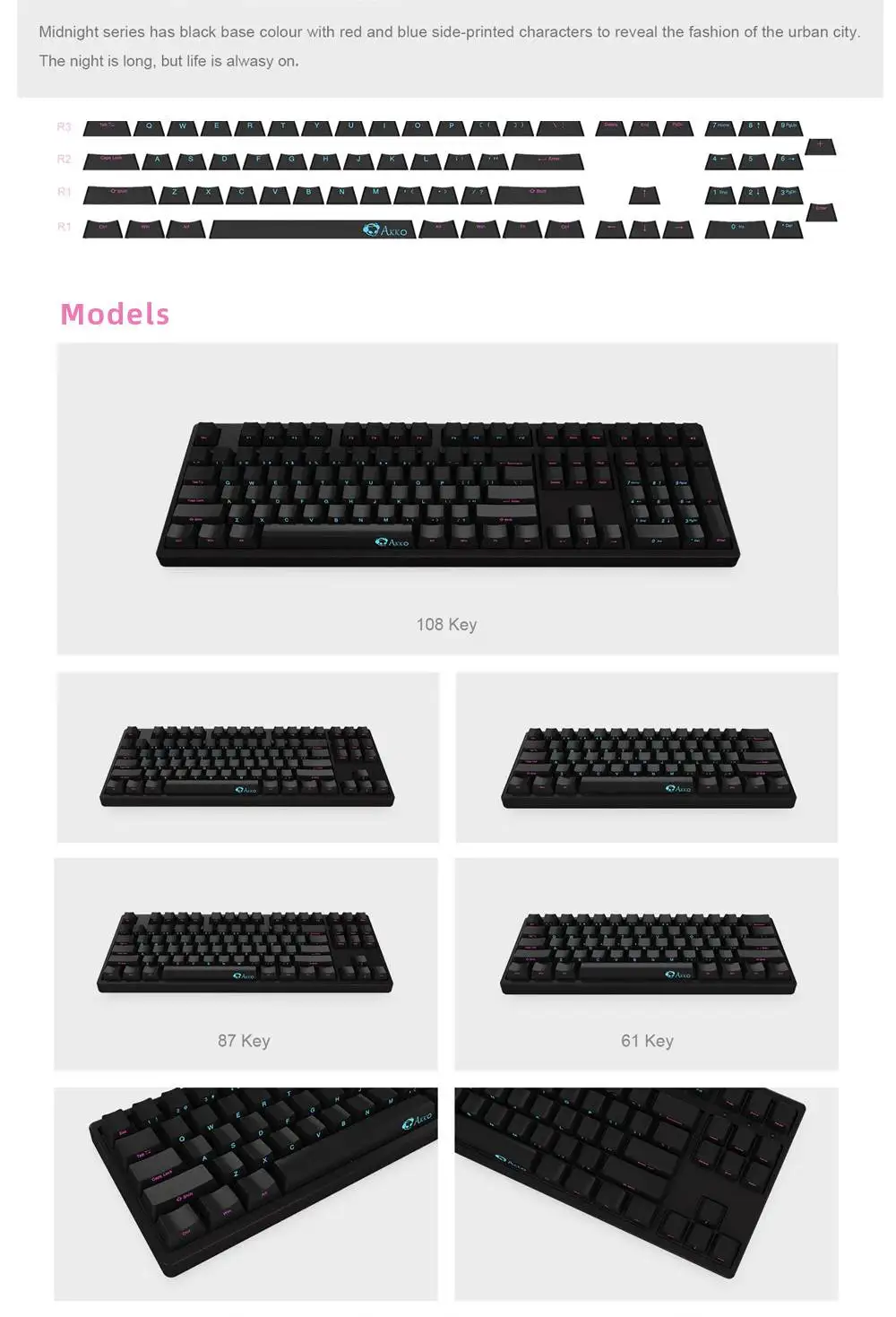 AKKO Полночь сторона печатная PBT OEM высота колпачки 108 ключ Набор для механической клавиатуры только колпачки для игр