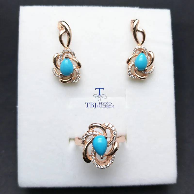 TBJ Elegant jewelry set with natural sleep beauty turquoise earring and ring in 925 sterling silver fine |