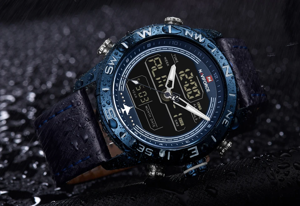 Бренд NAVIFORCE модные синие мужские спортивные часы светодиодный, аналоговый, цифровой часы в стиле милитари кожаные кварцевые часы Relogio Masculino