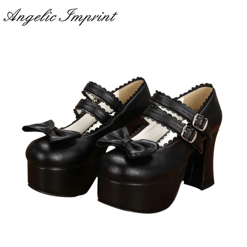 

9.5cm Block High Heel Lolita Cosplay Shoes Black Leather Platform Mary Jane Shoes