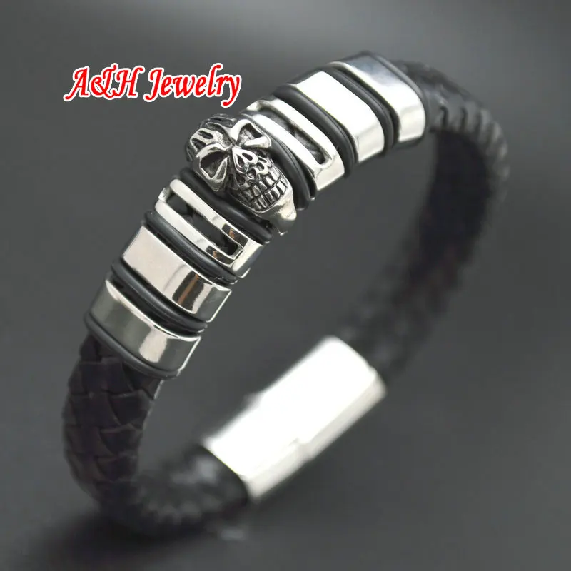 

Fashion Men Genuine Leather Bangles High Quality Stainless Steel Skull Bracelets Magnet Clasp Christmas & Birthday Gift 5pc/lot