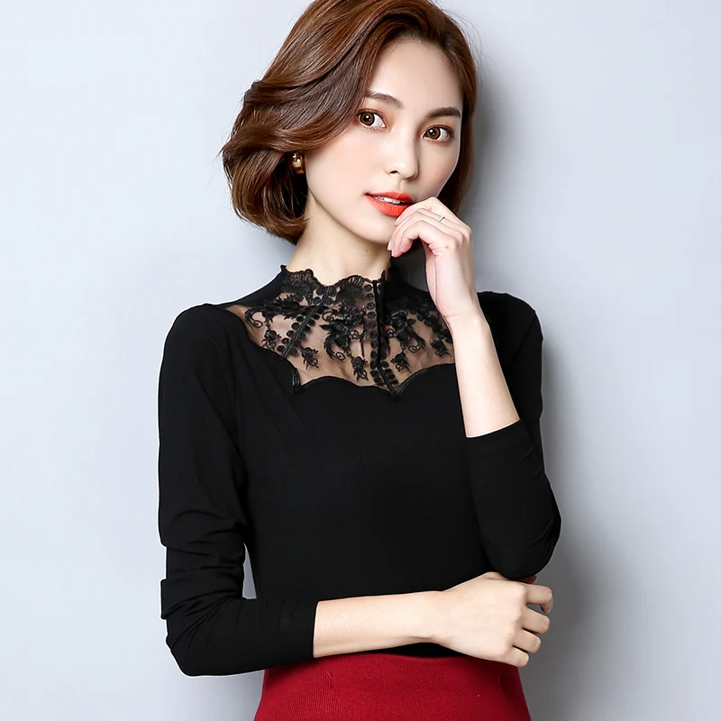 DHfinery top women spring autumn wild hollow lace collar Flower embroidery black one size long sleeve warm  H8983