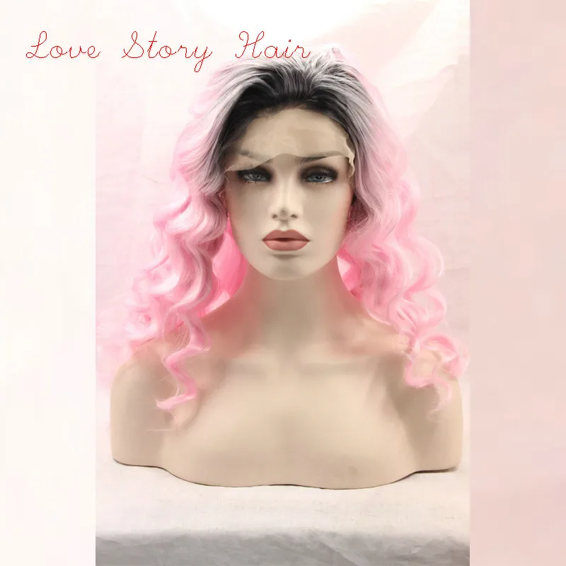 Hotselling 130density #black/pink synthetic lace front wigs heat resistant ombre pink wig natural hairline |