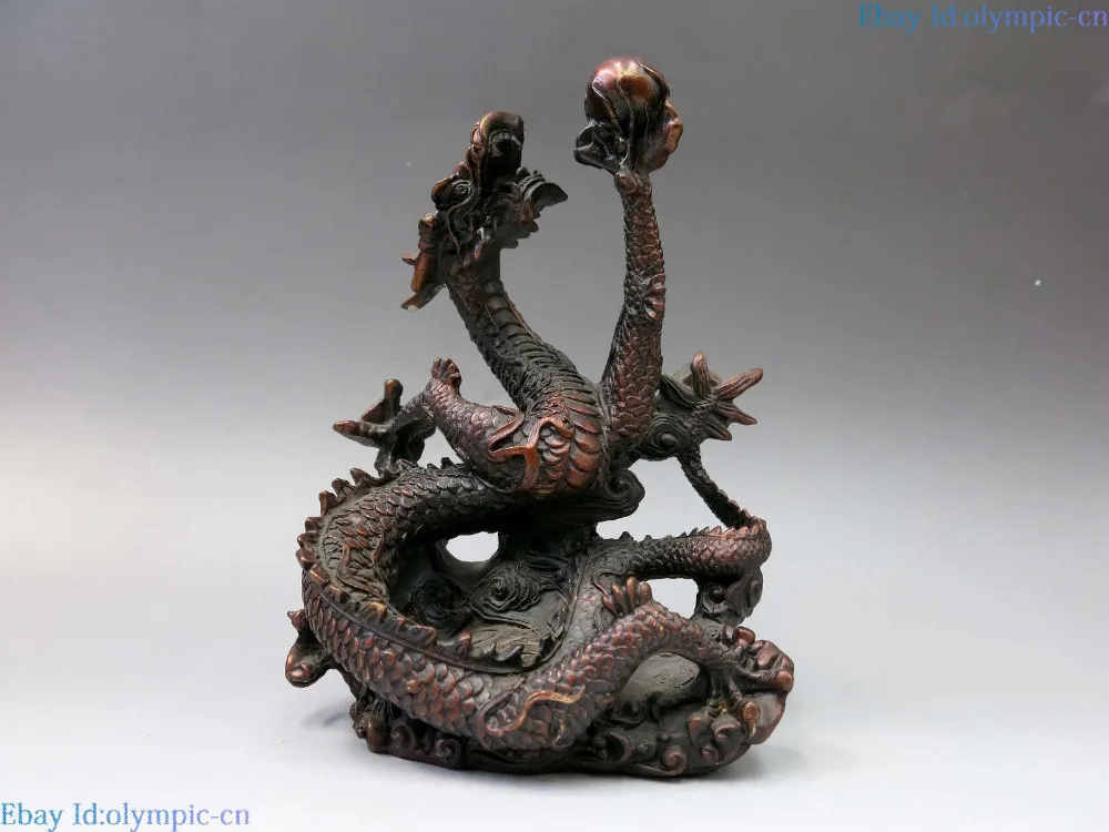 

7" China bronze sculpture carved fine copper Feng Shui dragon play bead Statue