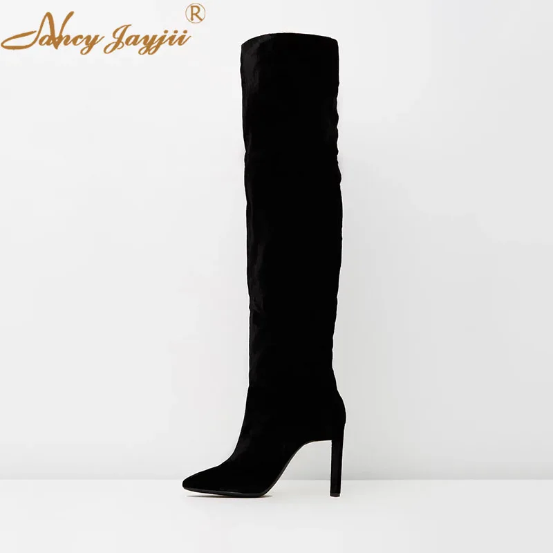 

Black Flock Sexy Round Toe Knee High Boots 2021 Winter Women’S Super High Thin Heels Ladies Mature Office Party Big Size Shoes