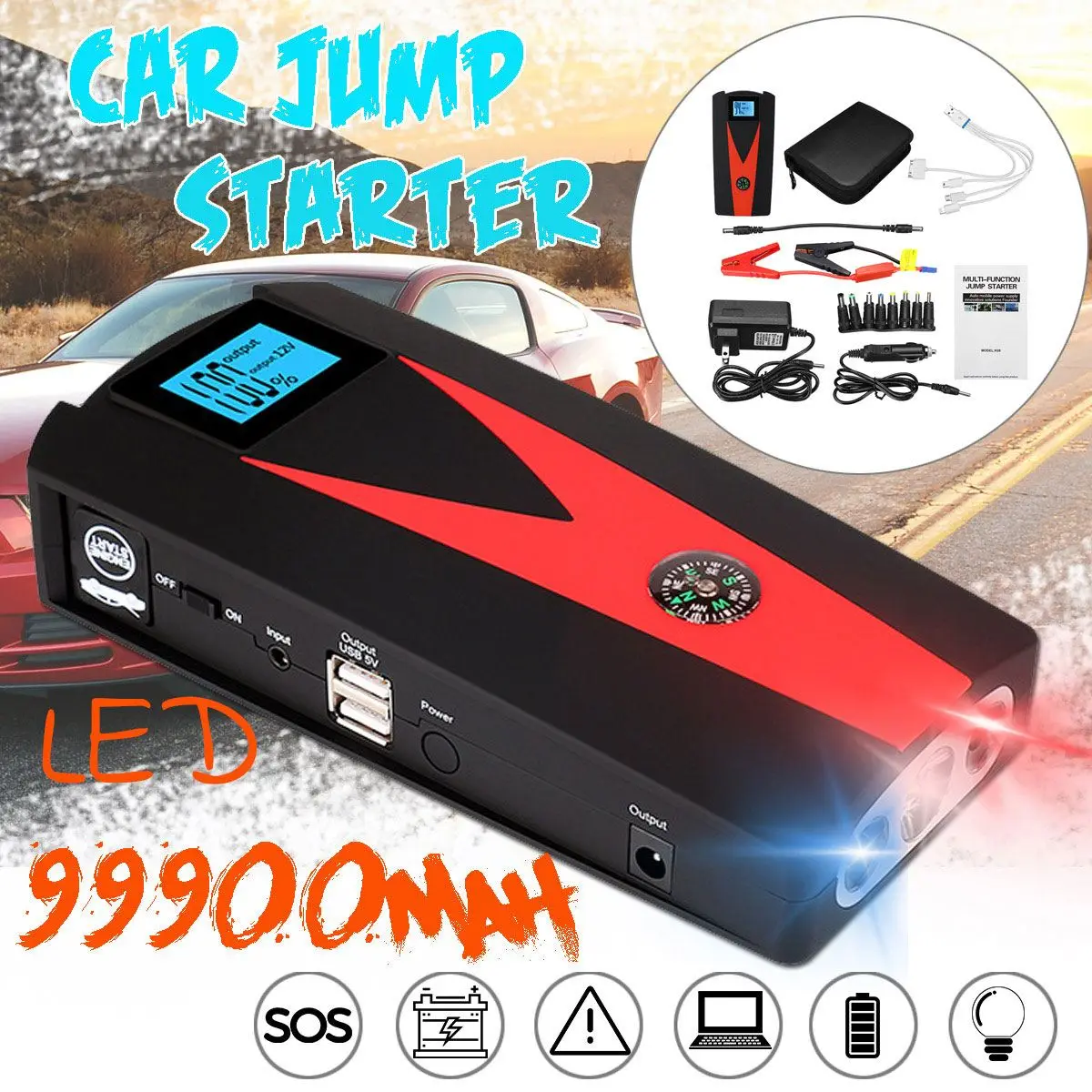 99900 мАч автомобильное пусковое устройство, 12V светодиодный 2USB SOS аварийный Мощность банка для Портативный автомобиля Батарея усилитель Зарядное устройство пусковое устройство
