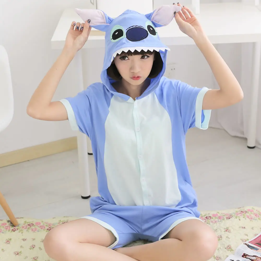

Summer Cotton Pajamas Animal Cartoon Cospaly Costume Short Pyjamas Unisex Family matching Onesie Hooded Sleepwear Stitch