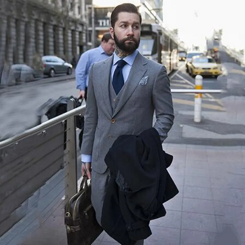 

Latest Designs Grey Men Suits Business Wear Wedding Tuxedos Slim Fit Custom Made Best Groomsmen Suit (jacket+pant+vest)