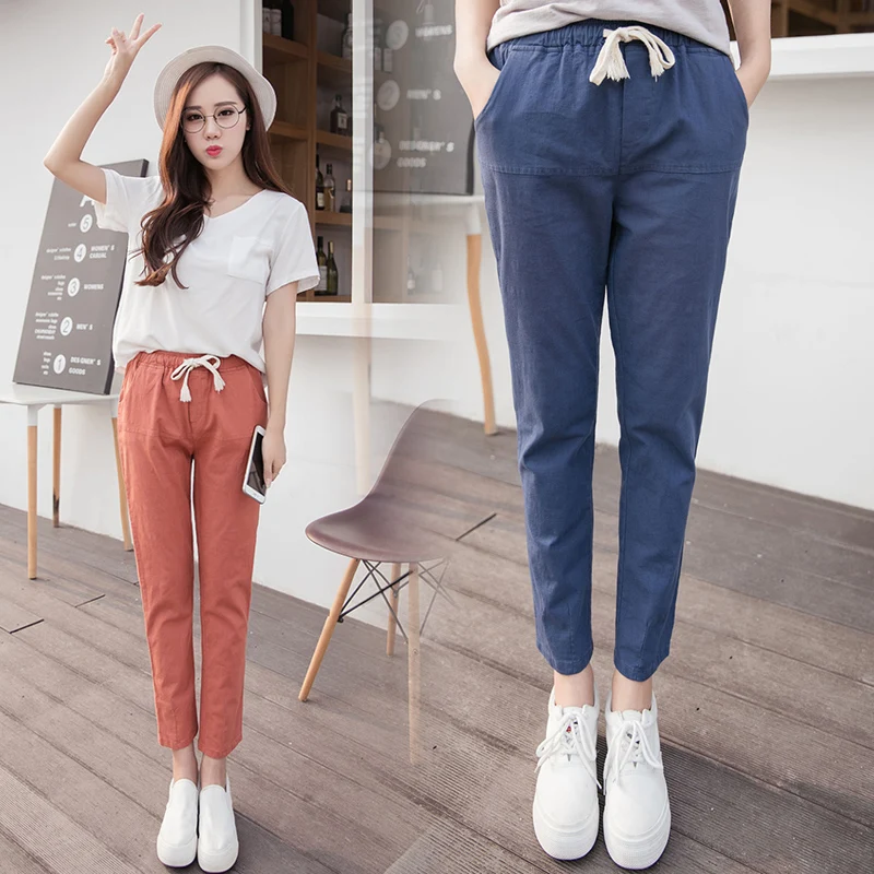 Брюки женские летние свободные большого размера из хлопка и льна | Женская одежда