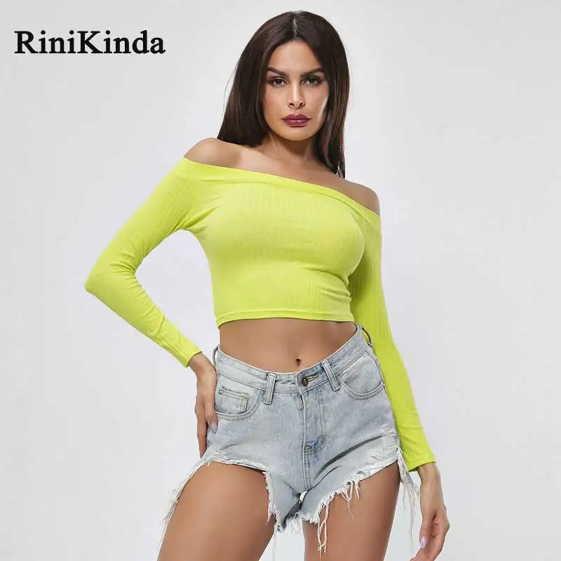 Dinikinda хит женская футболка с вырезом лодочкой длинным рукавом однотонная