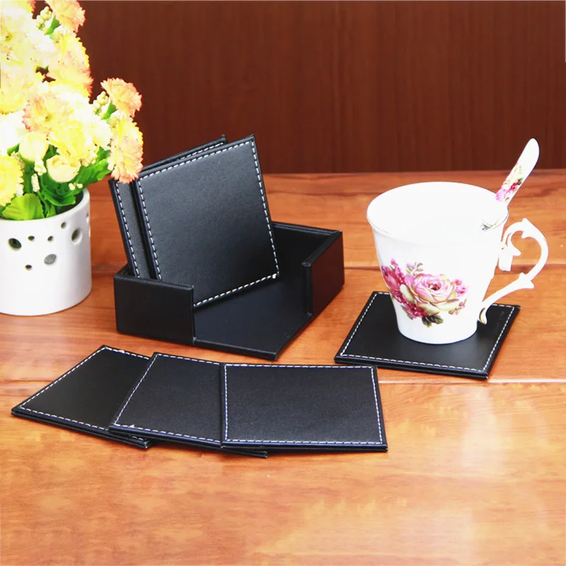 

Hot 6Pcs PU Leather Coasters Heat Isolated Waterproof Coasters for Table Home FQ-ing
