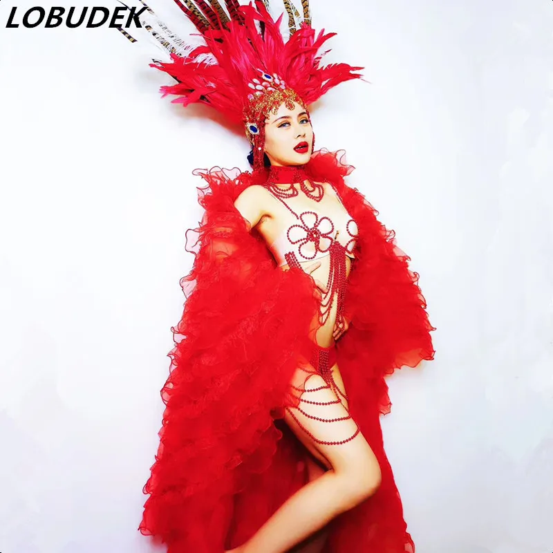 

Female Leading Dance Stage Wear Sexy Red Crystal Feather Headdress Long Cloak Beading Bikini Set Model Catwalk Nightclub Costume
