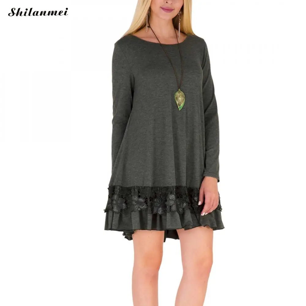 Котон платье для женщин 2017 г. повседневные свободные кружевное Осень Длинные