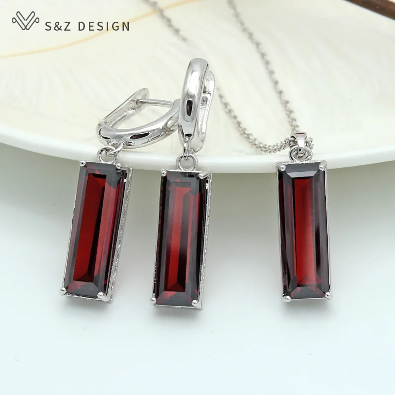 Серьги подвески S & Z из белого золота 2019 квадратных турмалина граната с красным