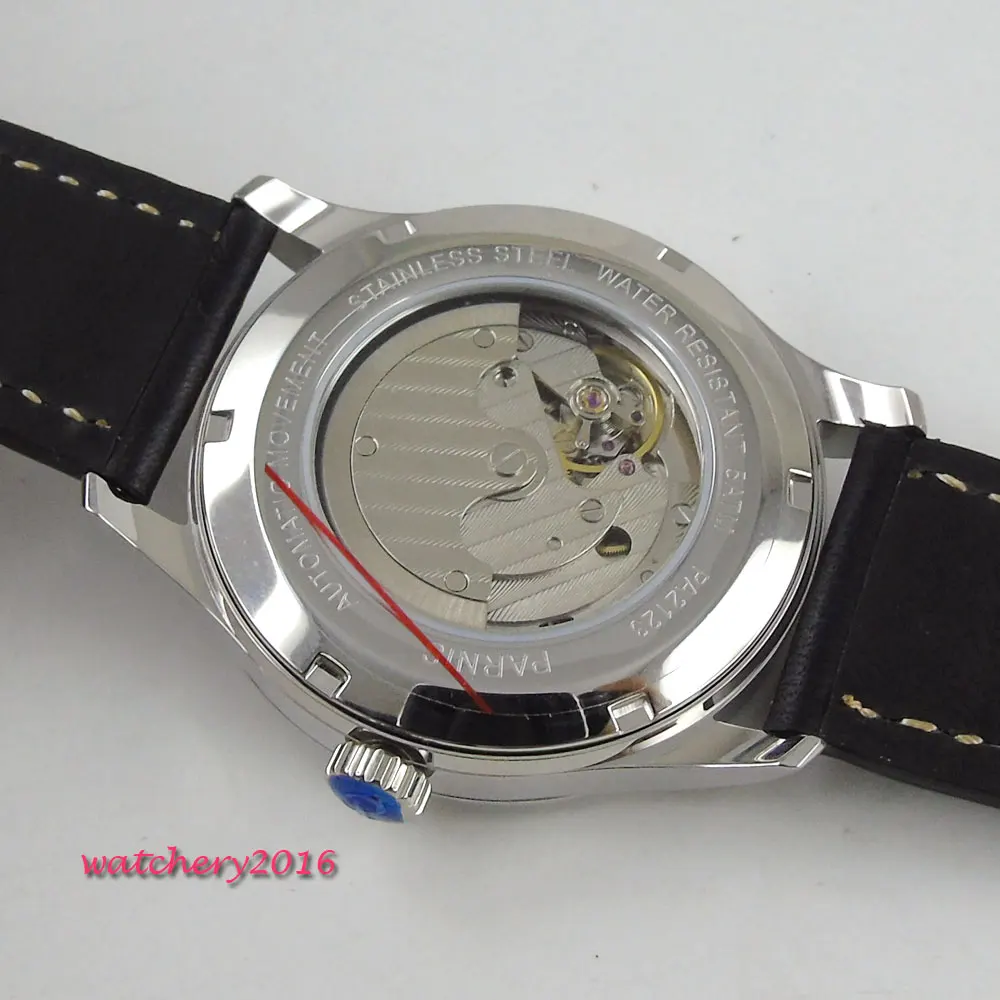 42 мм Parnis черный циферблат кожаный ремешок Дата Окно лучший бренд Роскошный